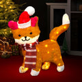 Gisafai 18.5 Inch Christmas Lighted 3D Cat Outdoor Decor, LED Yard Display / Kitty with Santa Hat Striped