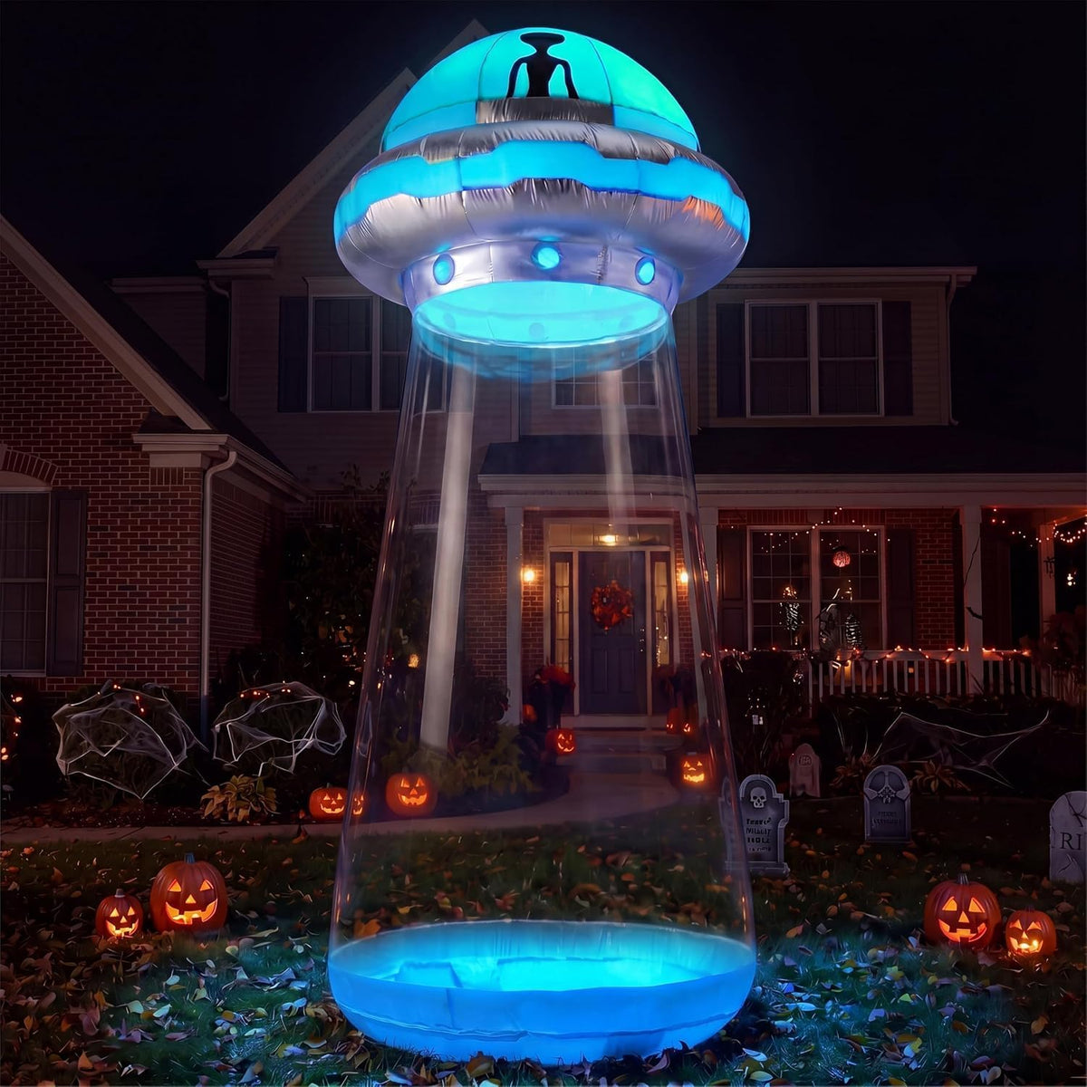 Joiedomi 9 FT Tall Halloween Inflatable UFO Cow Abduction Outdoor Decoration, Blow Up Alien Spaceship with