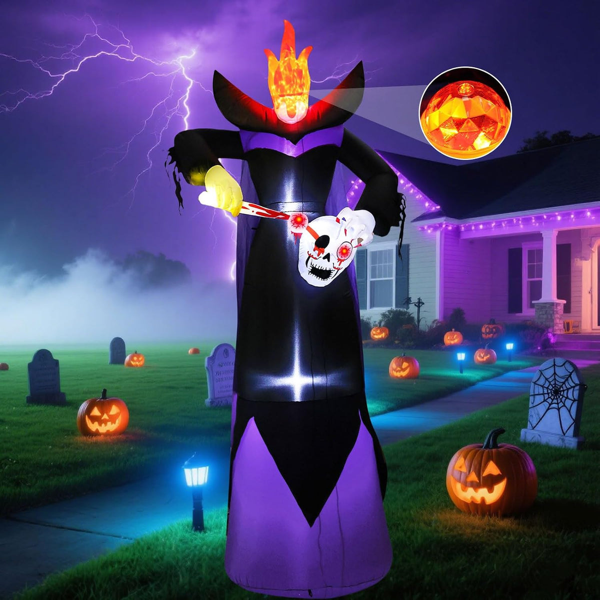 Tall inflatable headless reaper holding a skull under a stormy sky