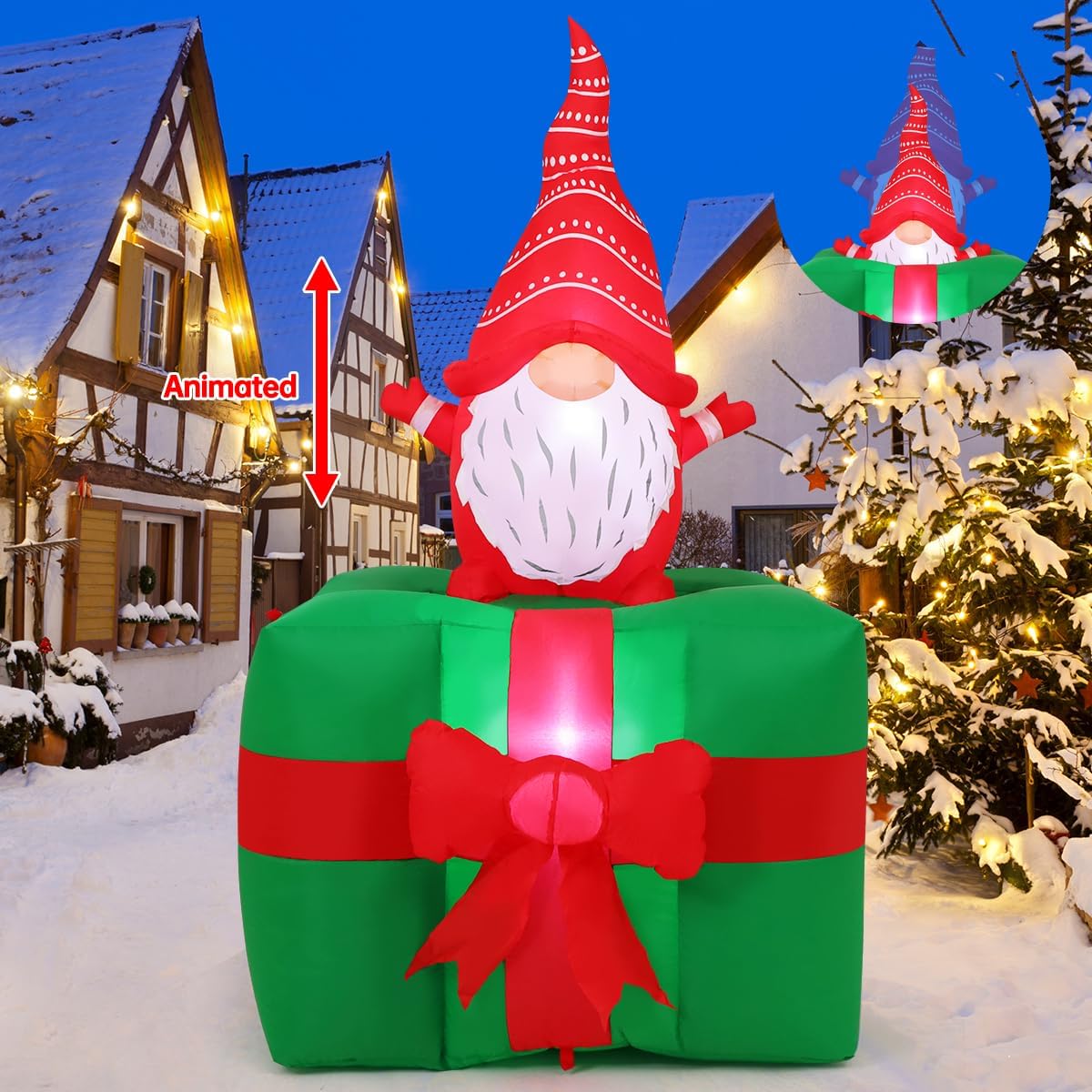 GOOSH 6.3 FT Christmas Inflatables Gnomes Outdoor Decorations Animated Midget on the Gift Box Outdoor
