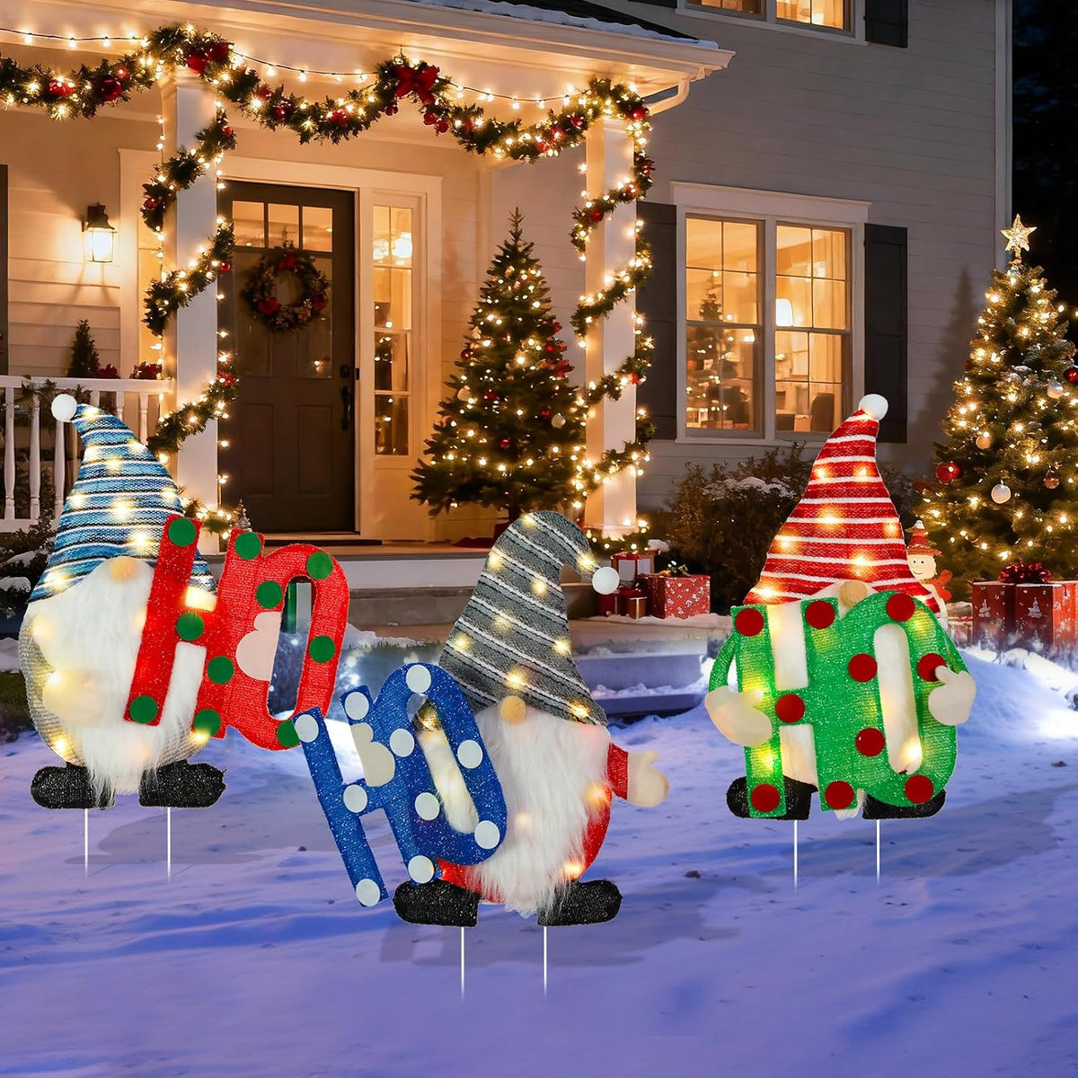 Lighted Christmas Gnome Outdoor Stakes 3D Glittered Gnomes with HOHOHO Lighted Up Yard Stakes Outdoor