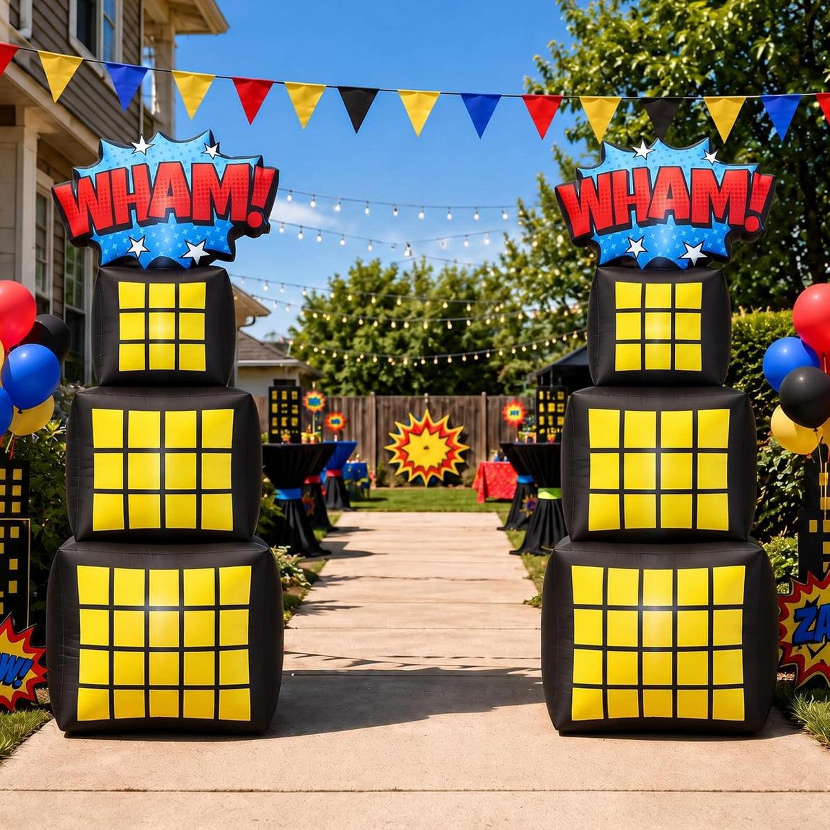 Hollowfly 2 Pack 5.9 ft Inflatable Hero Birthday Party Decor,Yellow / with built-in string lights and blower