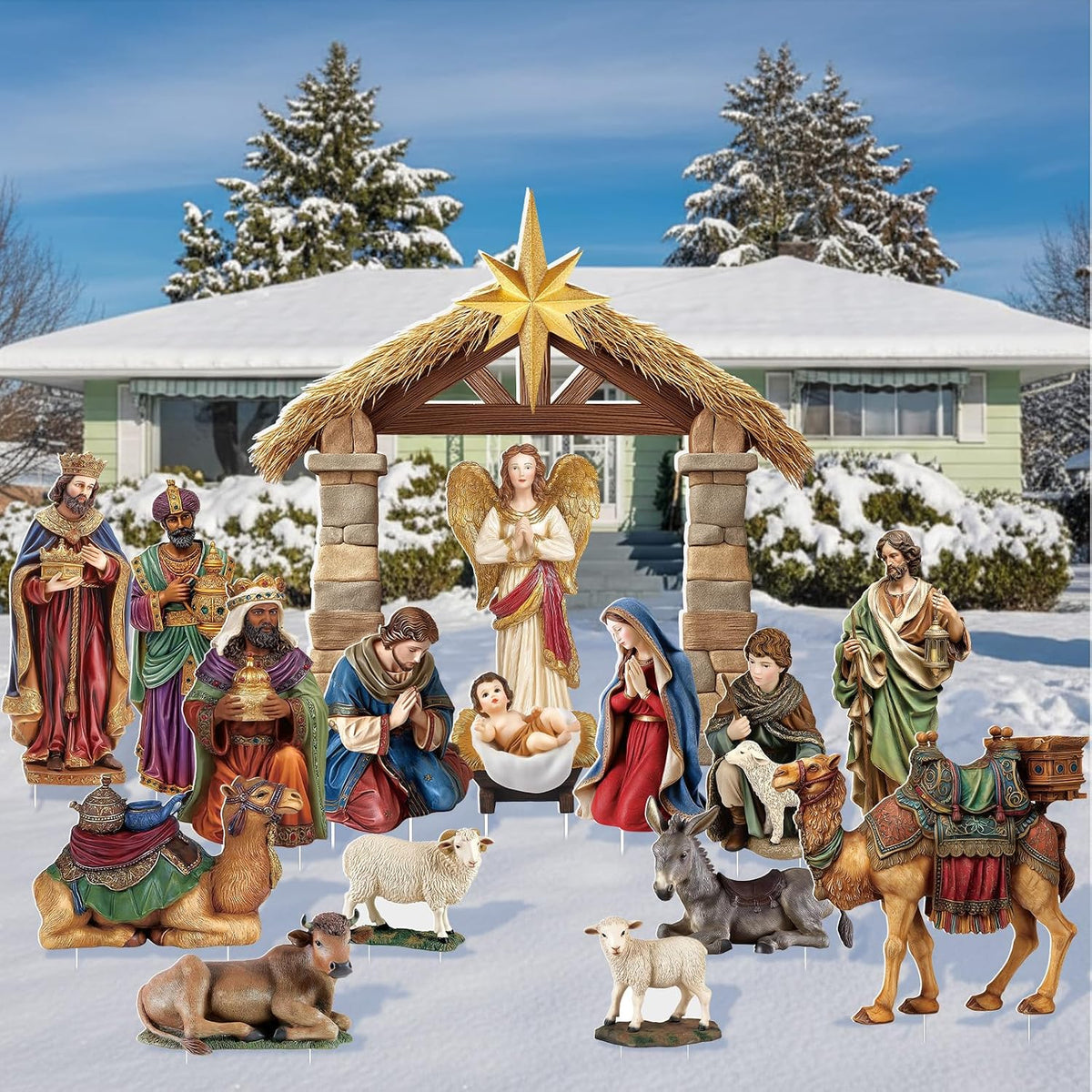 Geelin 16 Pcs Large Nativity Scene Outdoor Display with Stakes,Classic / Outside Christmas Nativity