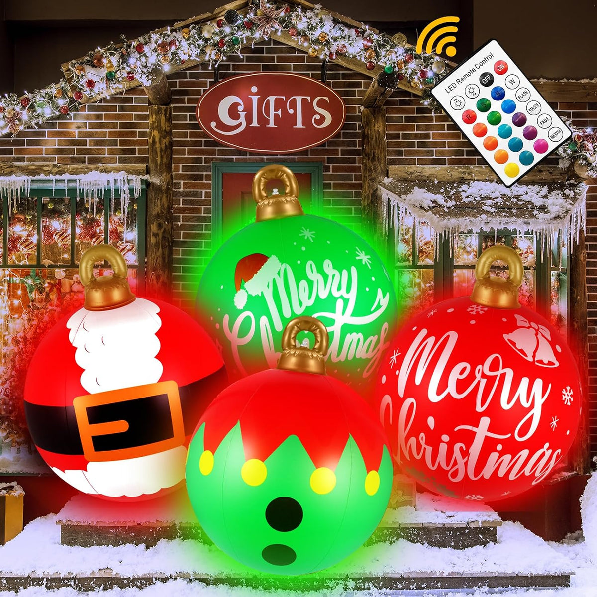 [Light up] Inflatable Ornaments Balls Outdoor 4Pcs: Flashes in Red / Green / Blue and Timer, 24 Inch Giant