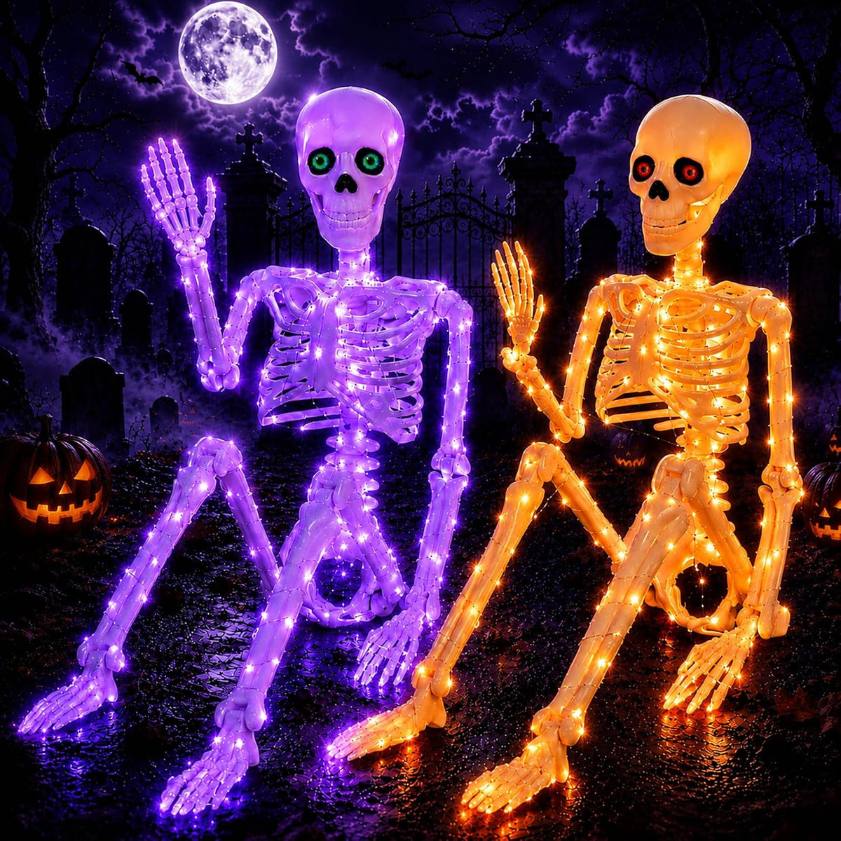 Purple & Orange Light Halloween Skeleton Decor (350lights & 6H auto‑Off) / Light up skeleton for halloween