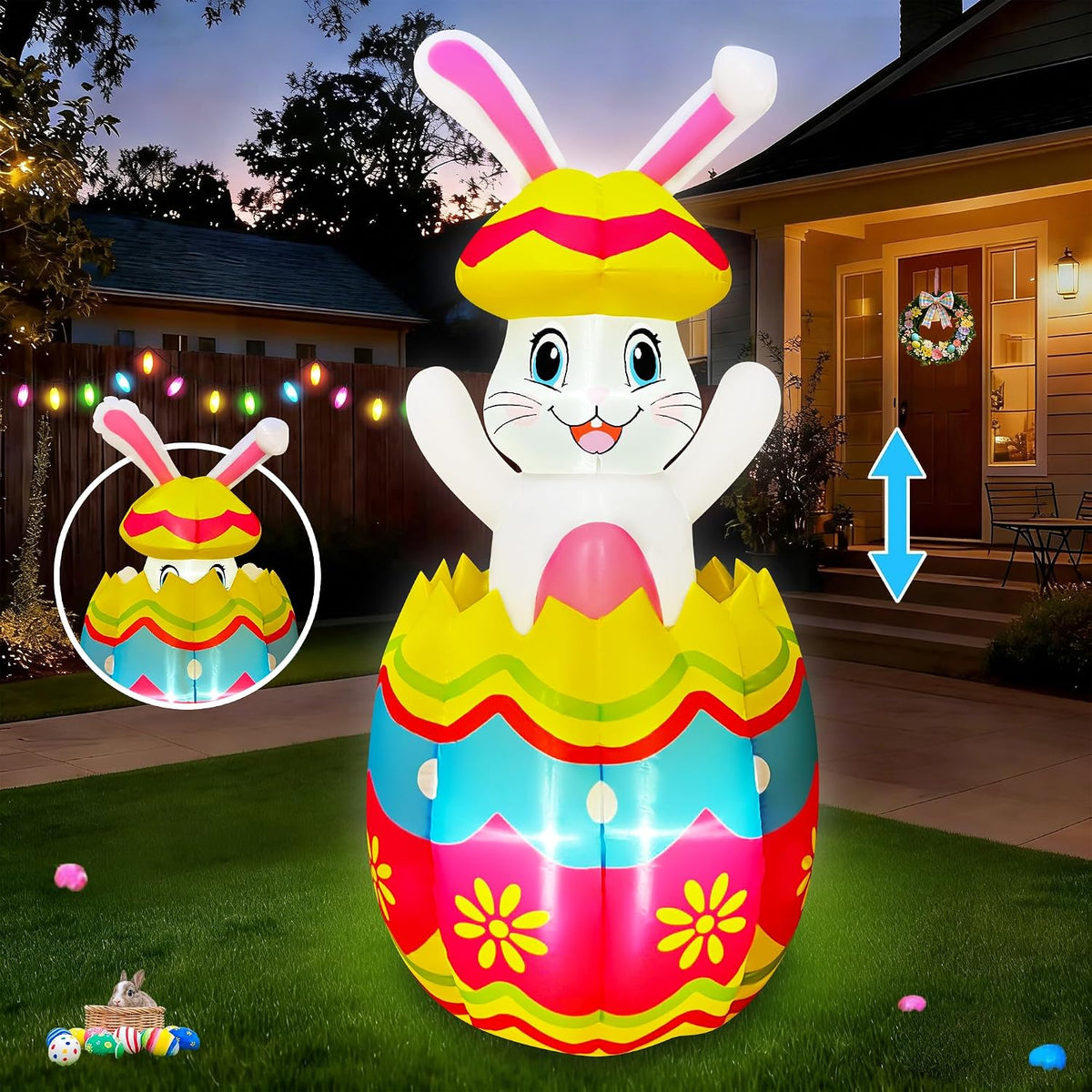 SEASONBLOW Pop Up and Down 5 FT Easter Inflatables Bunny Outdoor Decorations, Easter Blow up Bunny Broke Out