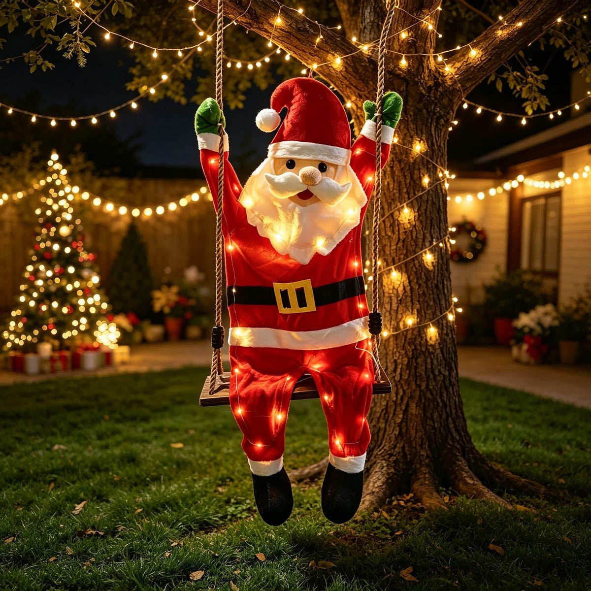 5 FT Hanging Christmas Decorations Outdoor, Santa Claus Swing / with String Lights​​, Light Up Large Cute
