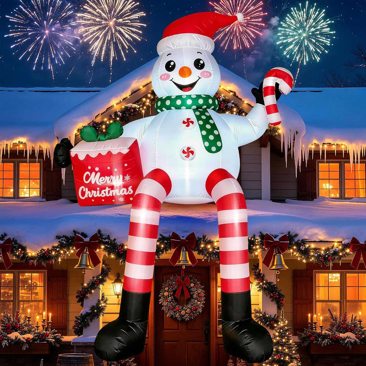 CORALMEE 16FT Giant Christmas Inflatables Sitting Snowman Outdoor Blow Up / Christmas Snowman Holding Candy