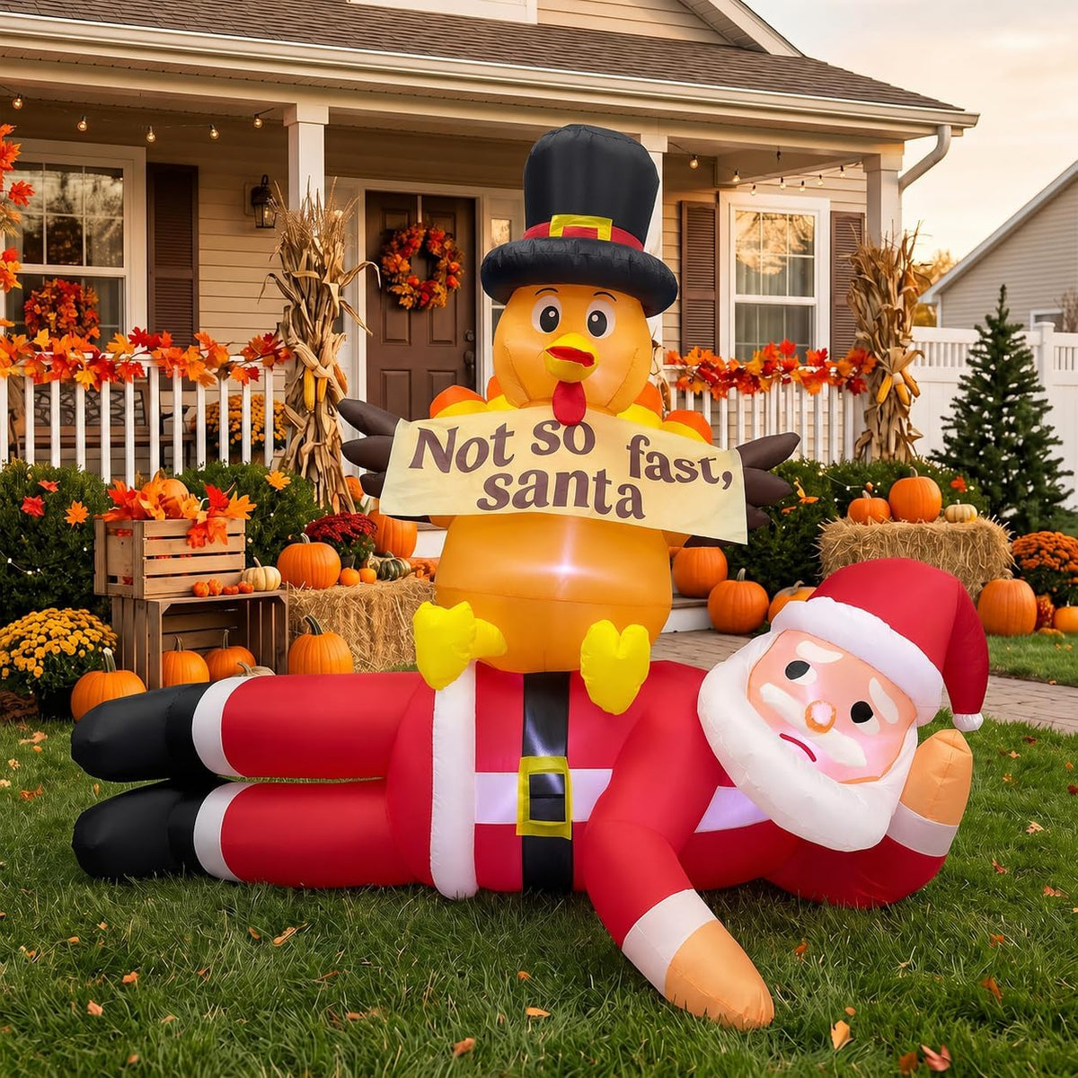 5FT Fall Thanksgiving Inflatable Turkey Stops Santa Outdoor Decorations / Built-in LEDs, Not So Fast Santa