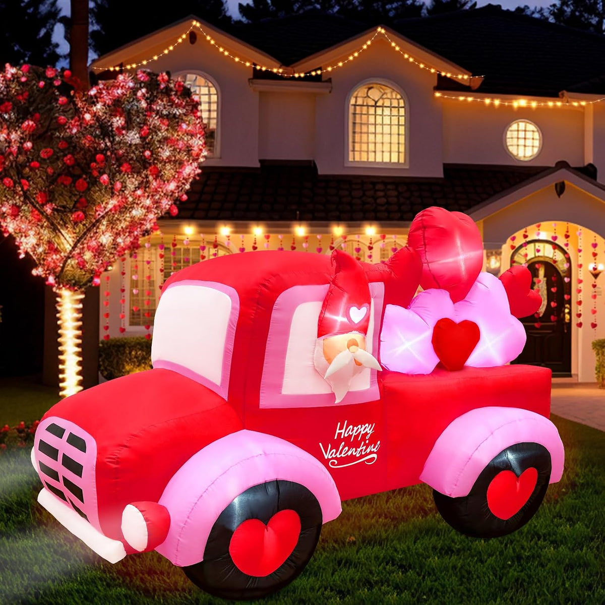 AerWo 8FT Valentines Day Inflatables Outdoor Decorations, Lovely Gnome Drives a Car with Build-in LED Lights,